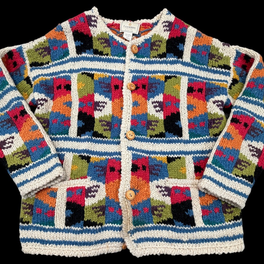 Vintage Express‎ Tricot Cardigan Womens M/L Patchwork Wool Chunky Hand Knit READ